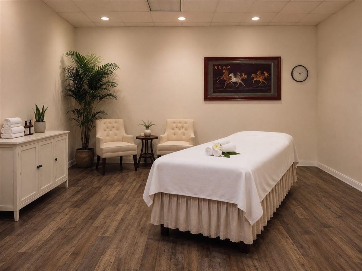 Private massage room with seating at Muchly Health Center in Fresno CA