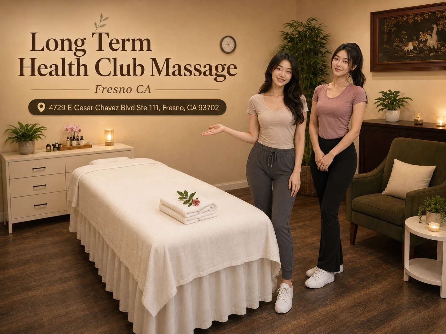 Friendly therapist ready to welcome a first-time guest at Long Term Health Club Massage in Fresno CA