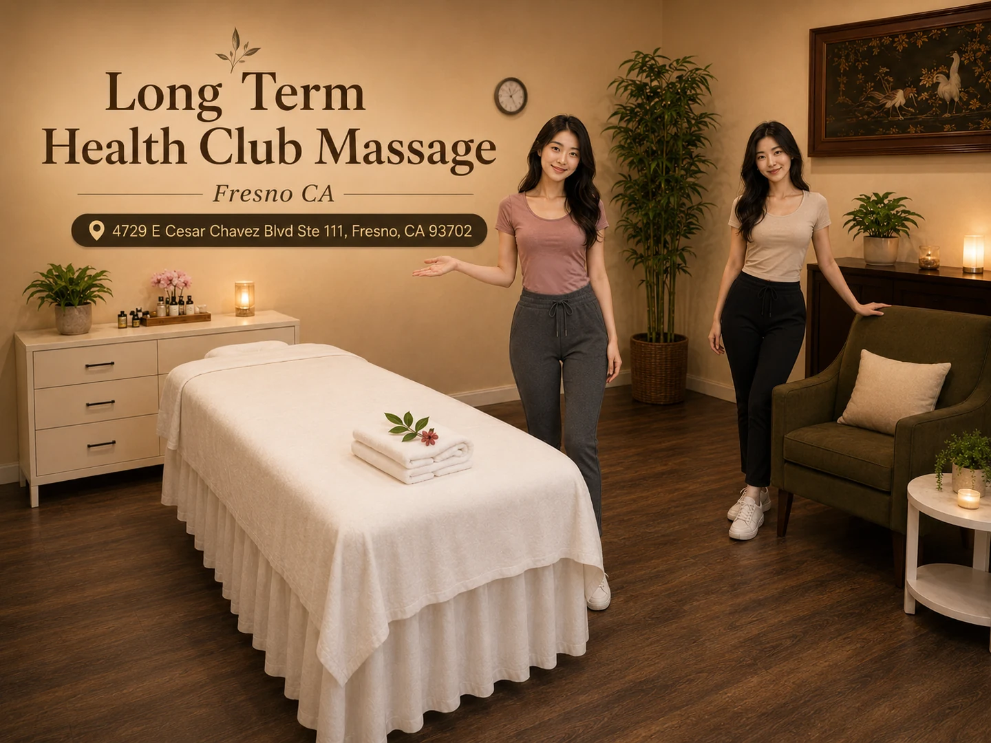 Therapists presenting a clean room for first-time guests at Long Term Health Club Massage in Fresno CA