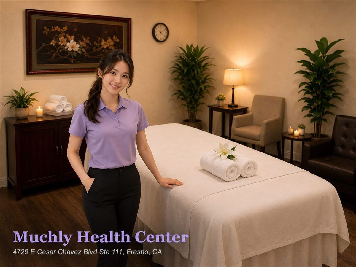 Friendly massage therapist by a clean treatment table at Muchly Health Center in Fresno CA