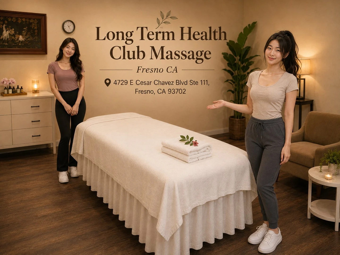 Friendly massage therapist by a clean treatment table at Long Term Health Club Massage in Fresno CA