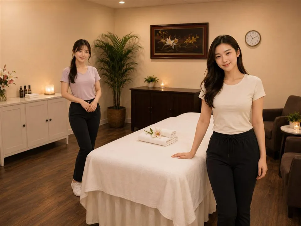 Two friendly massage therapists beside a clean treatment table at Long Term Health Club Massage in Fresno CA