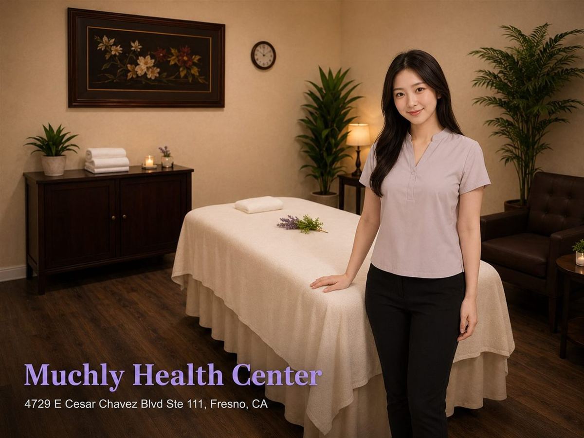 Calm, quiet massage room ready for an evening visit at Muchly Health Center in Fresno CA